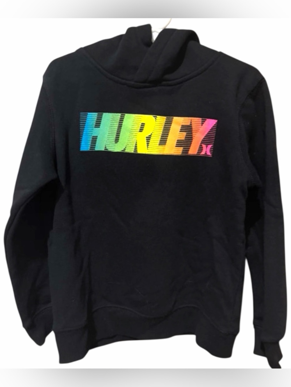 Hurley Boy Black Hoodie Vibrant Rainbow Gradient Logo-Pullover Sweatshirt Size 7